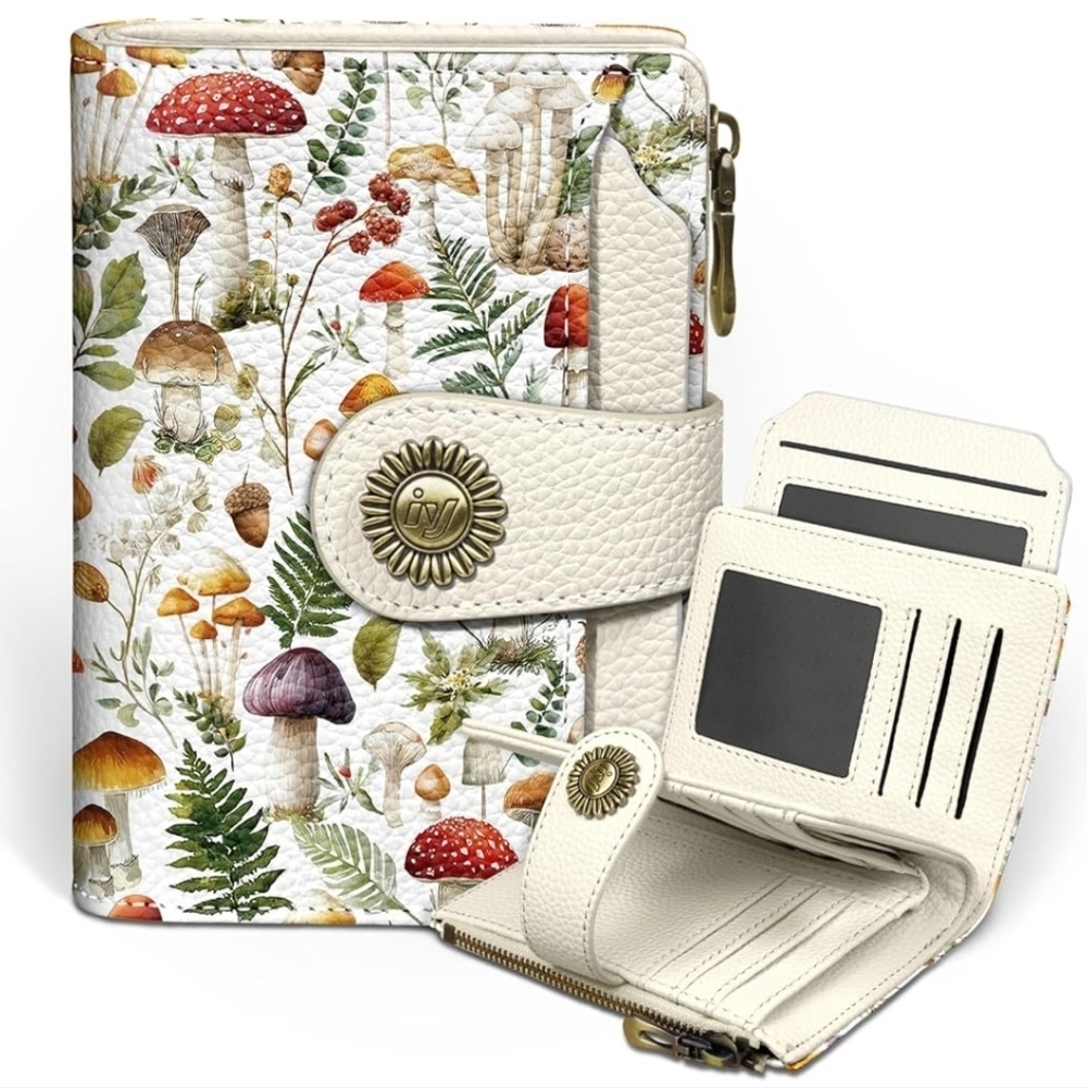 Mushroom Print Wallet with Floral Accents